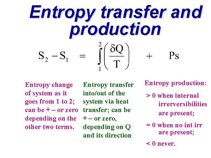 Entropy transfer and production Entropy change of system as it goes from 1 to