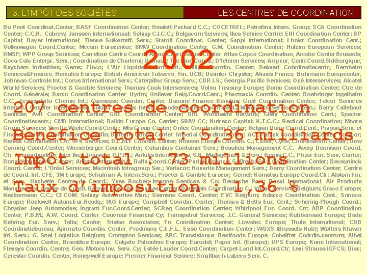 3. L’IMPÔT DES SOCIÉTÉS LES CENTRES DE COORDINATION Du Pont Coordinat. Center; BASF Coordination