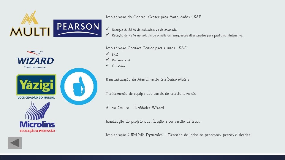 Implantação do Contact Center para franqueados - SAF ü Redução de 88 % de