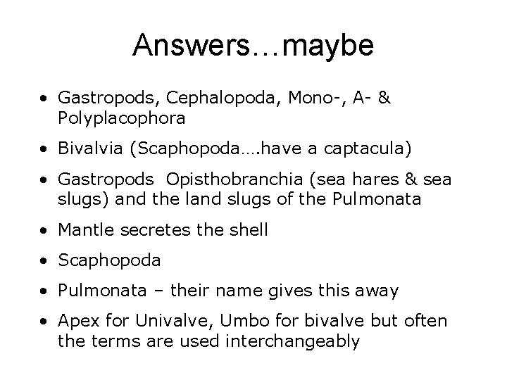 Answers…maybe • Gastropods, Cephalopoda, Mono-, A- & Polyplacophora • Bivalvia (Scaphopoda…. have a captacula)