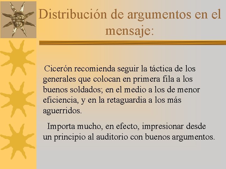 Distribución de argumentos en el mensaje: Cicerón recomienda seguir la táctica de los generales