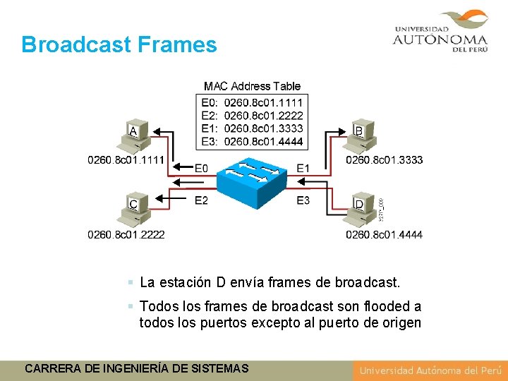 Broadcast Frames § La estación D envía frames de broadcast. § Todos los frames