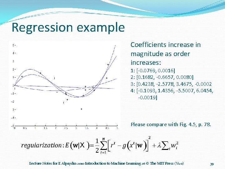 Regression example Coefficients increase in magnitude as order increases: 1: [-0. 0769, 0. 0016]