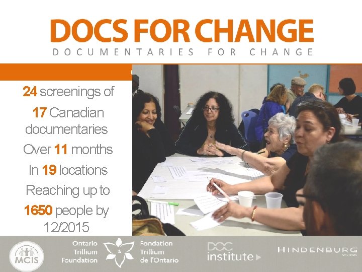 24 screenings of 17 Canadian documentaries Over 11 months In 19 locations Reaching up