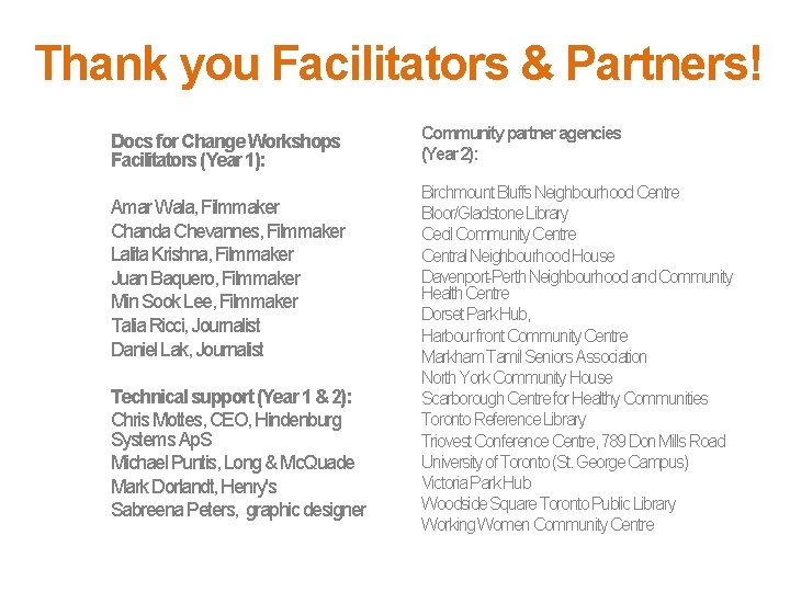 Thank you Facilitators & Partners! Docs for Change Workshops Facilitators (Year 1): Community partner