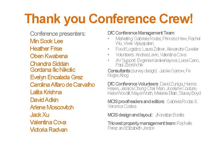 Thank you Conference Crew! Conference presenters: Min Sook Lee Heather Frise Oben Kwabena Chandra