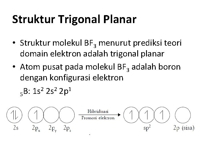 Struktur Trigonal Planar • Struktur molekul BF 3 menurut prediksi teori domain elektron adalah