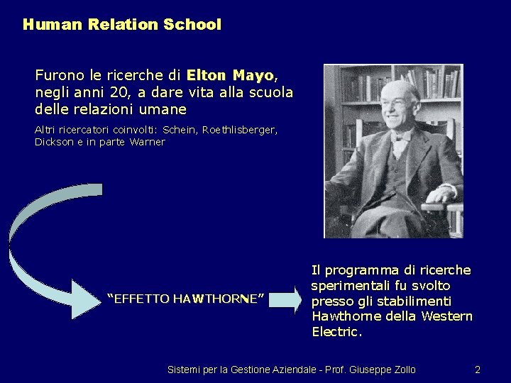 Human Relation School Furono le ricerche di Elton Mayo, Mayo negli anni 20, a