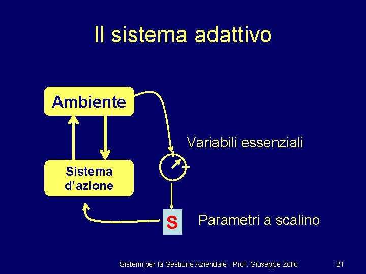 Il sistema adattivo Ambiente Variabili essenziali Sistema d’azione S Parametri a scalino Sistemi per