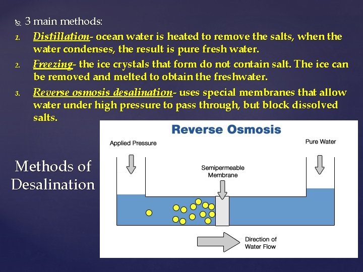  1. 2. 3 main methods: Distillation- ocean water is heated to remove the