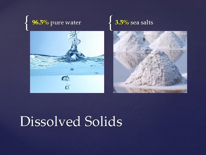 { 96. 5% pure water { 3. 5% sea salts Dissolved Solids 