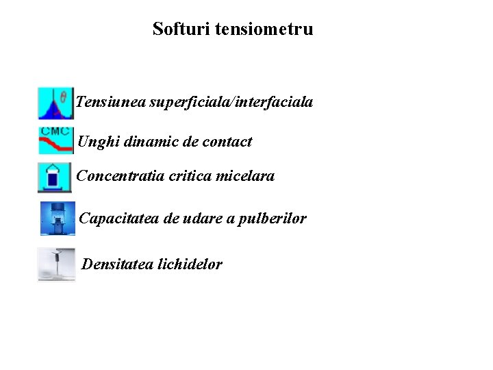 Softuri tensiometru Tensiunea superficiala/interfaciala Unghi dinamic de contact Concentratia critica micelara Capacitatea de udare