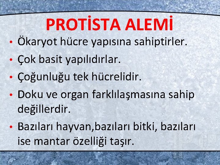 PROTİSTA ALEMİ • • • Ökaryot hücre yapısına sahiptirler. Çok basit yapılıdırlar. Çoğunluğu tek