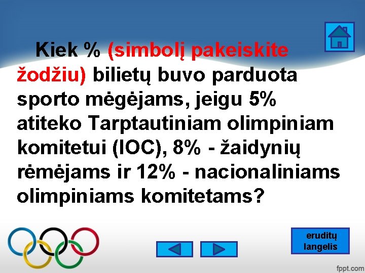 Kiek % (simbolį pakeiskite žodžiu) bilietų buvo parduota sporto mėgėjams, jeigu 5% atiteko Tarptautiniam