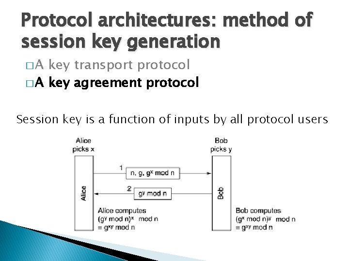 Protocol architectures: method of session key generation �A key transport protocol � A key