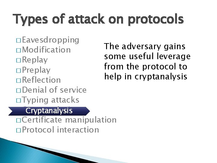 Types of attack on protocols � Eavesdropping � Modification � Replay � Preplay �