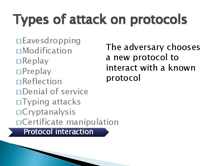 Types of attack on protocols � Eavesdropping � Modification � Replay � Preplay �