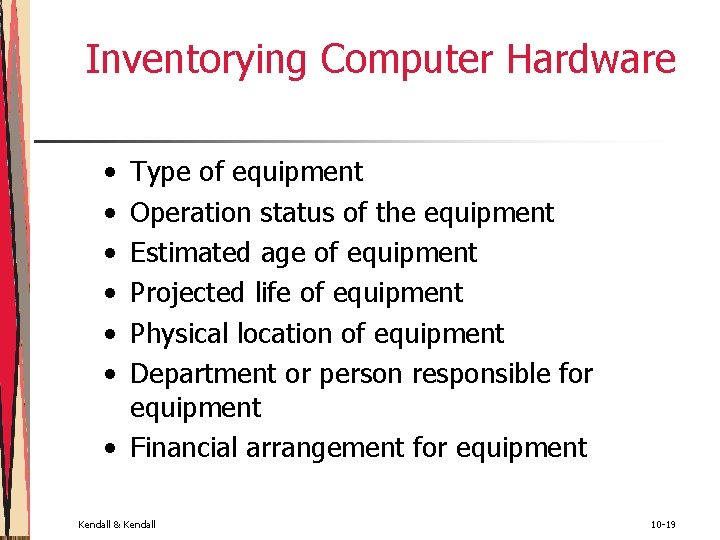 Inventorying Computer Hardware • • • Type of equipment Operation status of the equipment