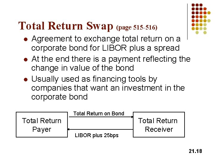 Total Return Swap (page 515 -516) l l l Agreement to exchange total return