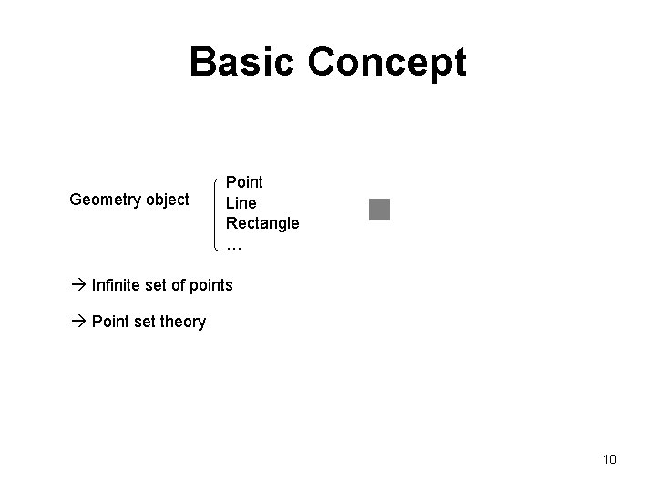 Basic Concept Geometry object Point Line Rectangle … Infinite set of points Point set