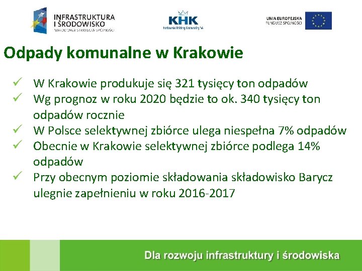 KRAKOWSKA EKOSPALARNIA Odpady komunalne w Krakowie W Krakowie produkuje się 321 tysięcy ton odpadów