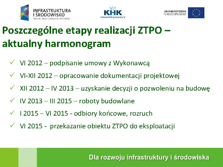 Poszczególne etapy realizacji ZTPO – aktualny harmonogram VI 2012 – podpisanie umowy z Wykonawcą