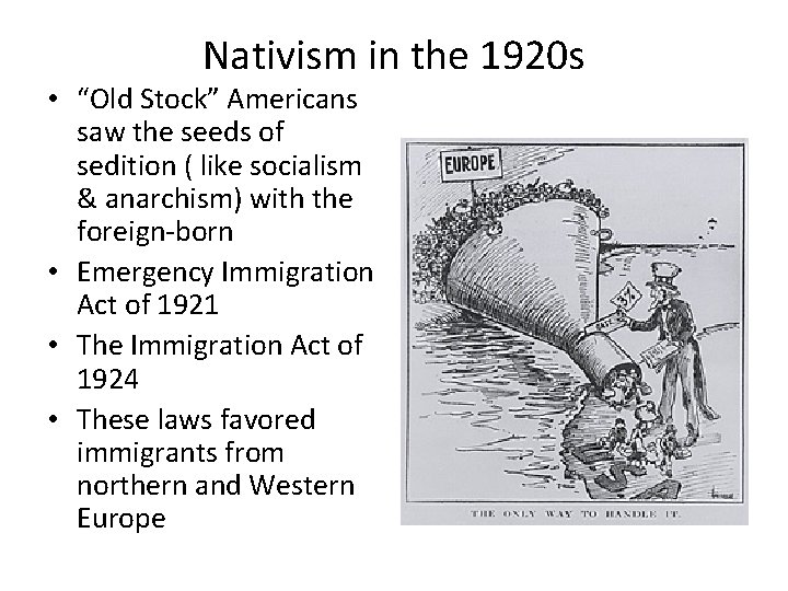 Nativism in the 1920 s • “Old Stock” Americans saw the seeds of sedition