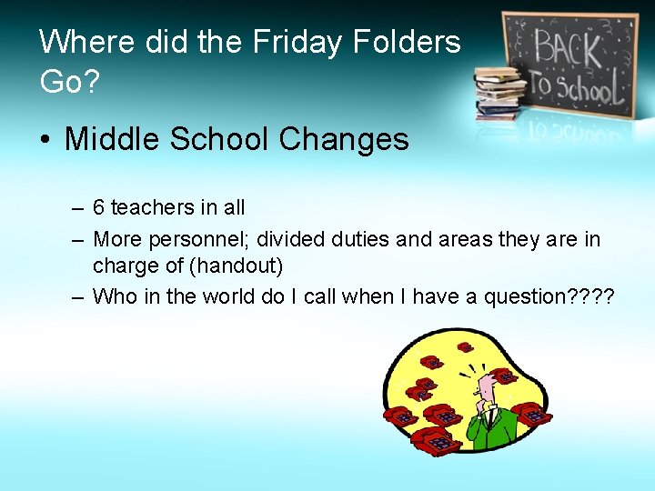 Where did the Friday Folders Go? • Middle School Changes – 6 teachers in