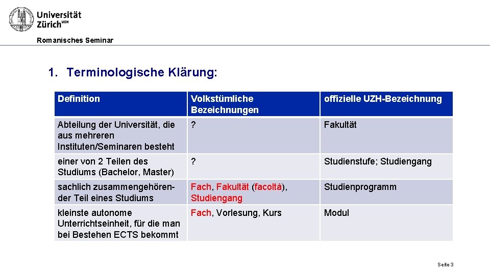 Romanisches Seminar 1. Terminologische Klärung: Definition Volkstümliche Bezeichnungen offizielle UZH-Bezeichnung Abteilung der Universität, die