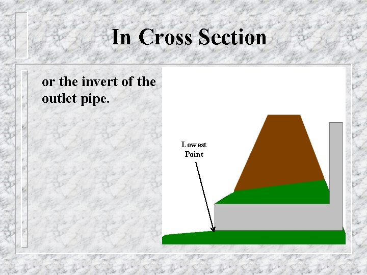 In Cross Section or the invert of the outlet pipe. Lowest Point 