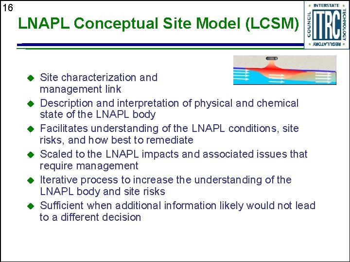 16 LNAPL Conceptual Site Model (LCSM) u u u Site characterization and management link