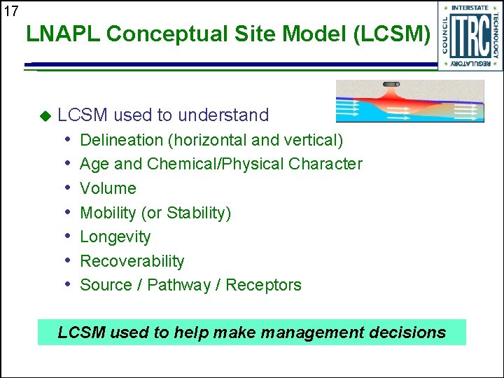 17 LNAPL Conceptual Site Model (LCSM) u LCSM used to understand • • Delineation