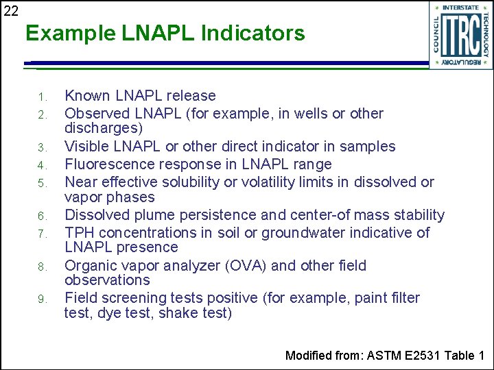 22 Example LNAPL Indicators 1. 2. 3. 4. 5. 6. 7. 8. 9. Known