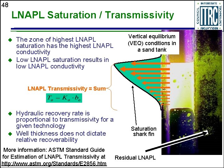 48 LNAPL Saturation / Transmissivity u u The zone of highest LNAPL saturation has