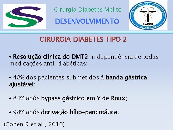 Cirurgia Diabetes Melito DESENVOLVIMENTO CIRURGIA DIABETES TIPO 2 • Resolução clínica do DMT 2: