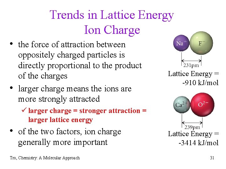 Trends in Lattice Energy Ion Charge • the force of attraction between • oppositely