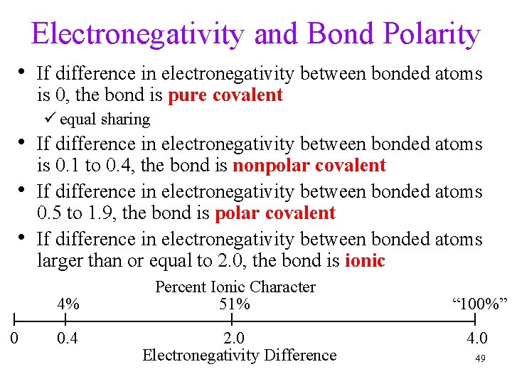 Electronegativity and Bond Polarity • If difference in electronegativity between bonded atoms is 0,