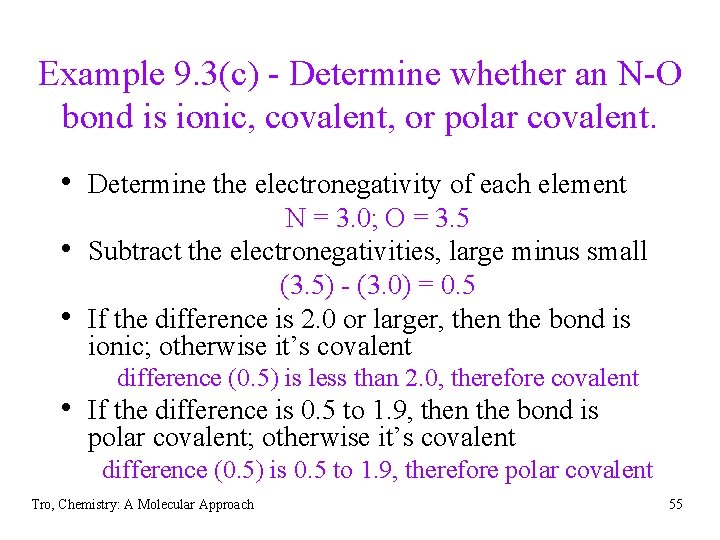Example 9. 3(c) - Determine whether an N-O bond is ionic, covalent, or polar