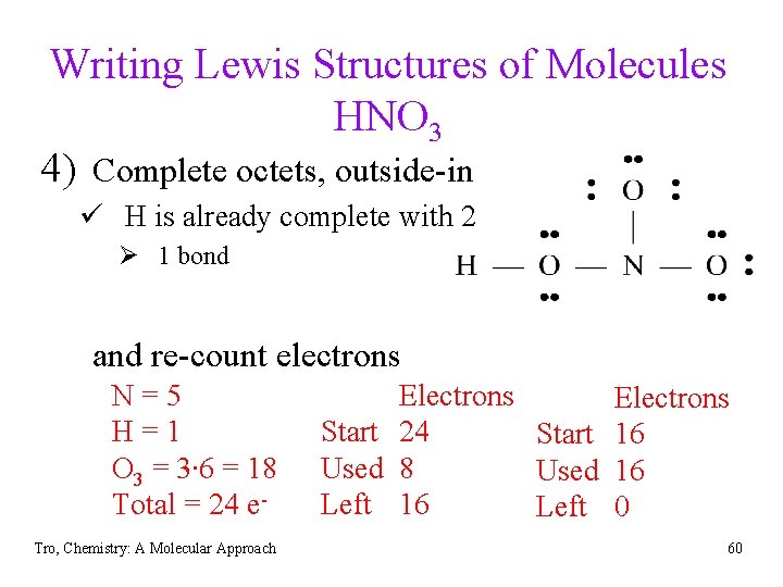Writing Lewis Structures of Molecules HNO 3 4) Complete octets, outside-in ü H is