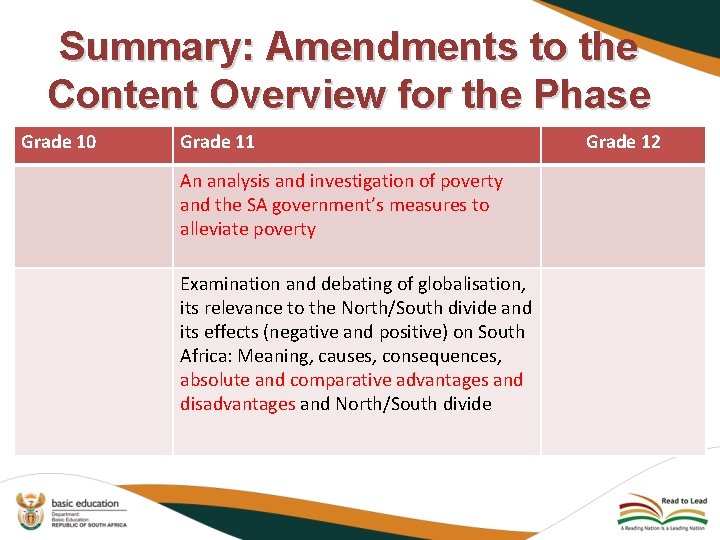 Summary: Amendments to the Content Overview for the Phase Grade 10 Grade 11 An