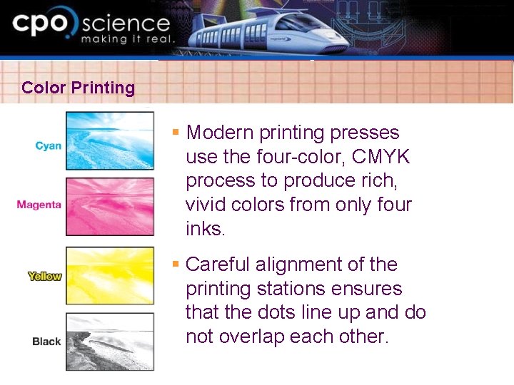 Color Printing § Modern printing presses use the four-color, CMYK process to produce rich, Color Printing § Modern printing presses use the four-color, CMYK process to produce rich,