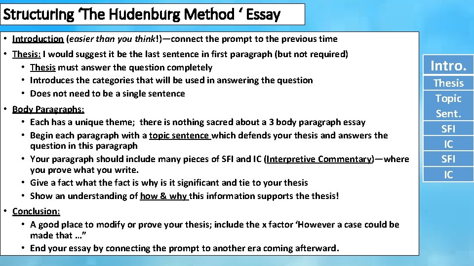 Structuring ‘The Hudenburg Method ‘ Essay • Introduction (easier than you think!)—connect the prompt
