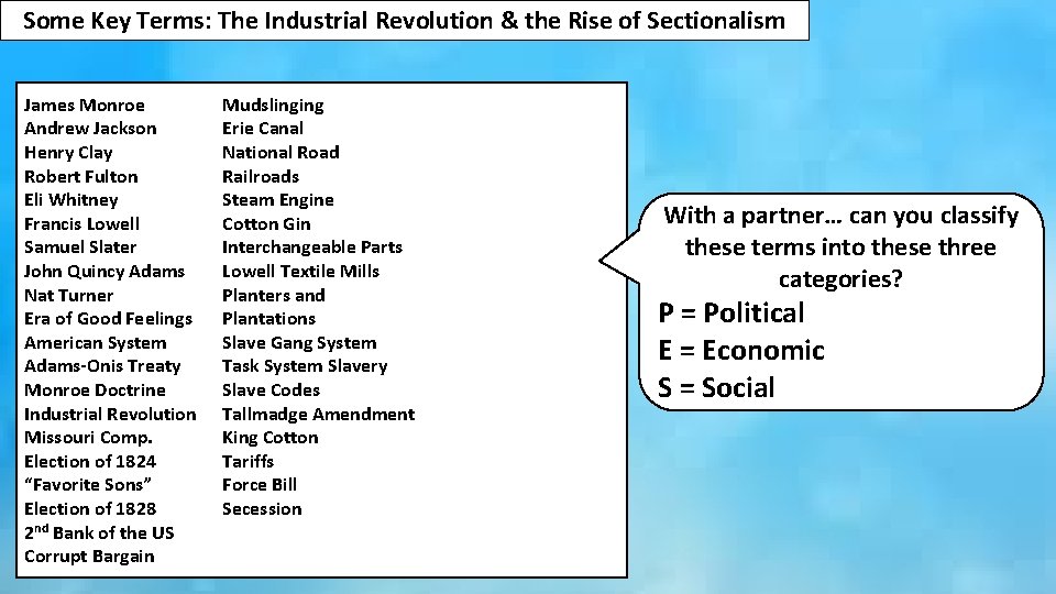 Some Key Terms: The Industrial Revolution & the Rise of Sectionalism James Monroe Andrew