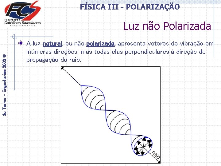 FÍSICA III - POLARIZAÇÃO 3 o Termo - Engenharias 2003 © Luz não Polarizada