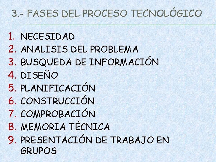 3. - FASES DEL PROCESO TECNOLÓGICO 1. 2. 3. 4. 5. 6. 7. 8.