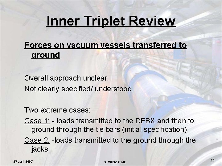 Inner Triplet Review Forces on vacuum vessels transferred to ground Overall approach unclear. Not