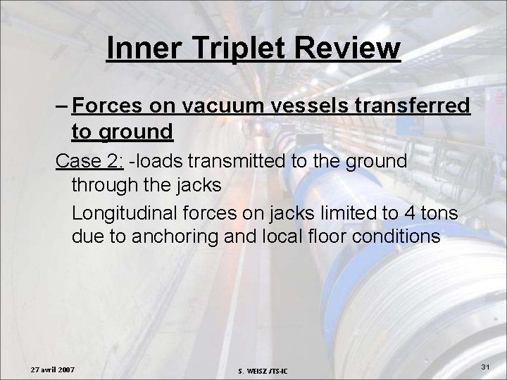 Inner Triplet Review – Forces on vacuum vessels transferred to ground Case 2: -loads