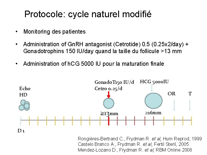 Protocole: cycle naturel modifié • Monitoring des patientes • Administration of Gn. RH antagonist