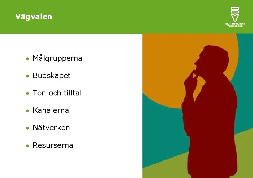 Vägvalen Målgrupperna Budskapet Ton och tilltal Kanalerna Nätverken Resurserna 