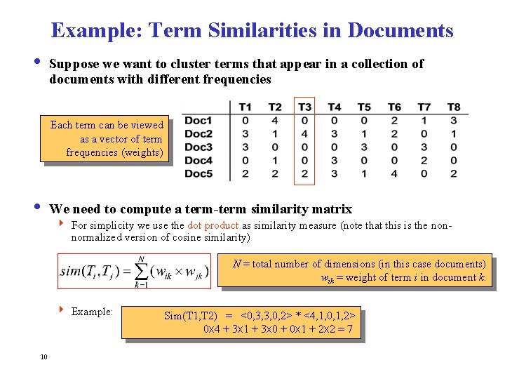 Example: Term Similarities in Documents i Suppose we want to cluster terms that appear